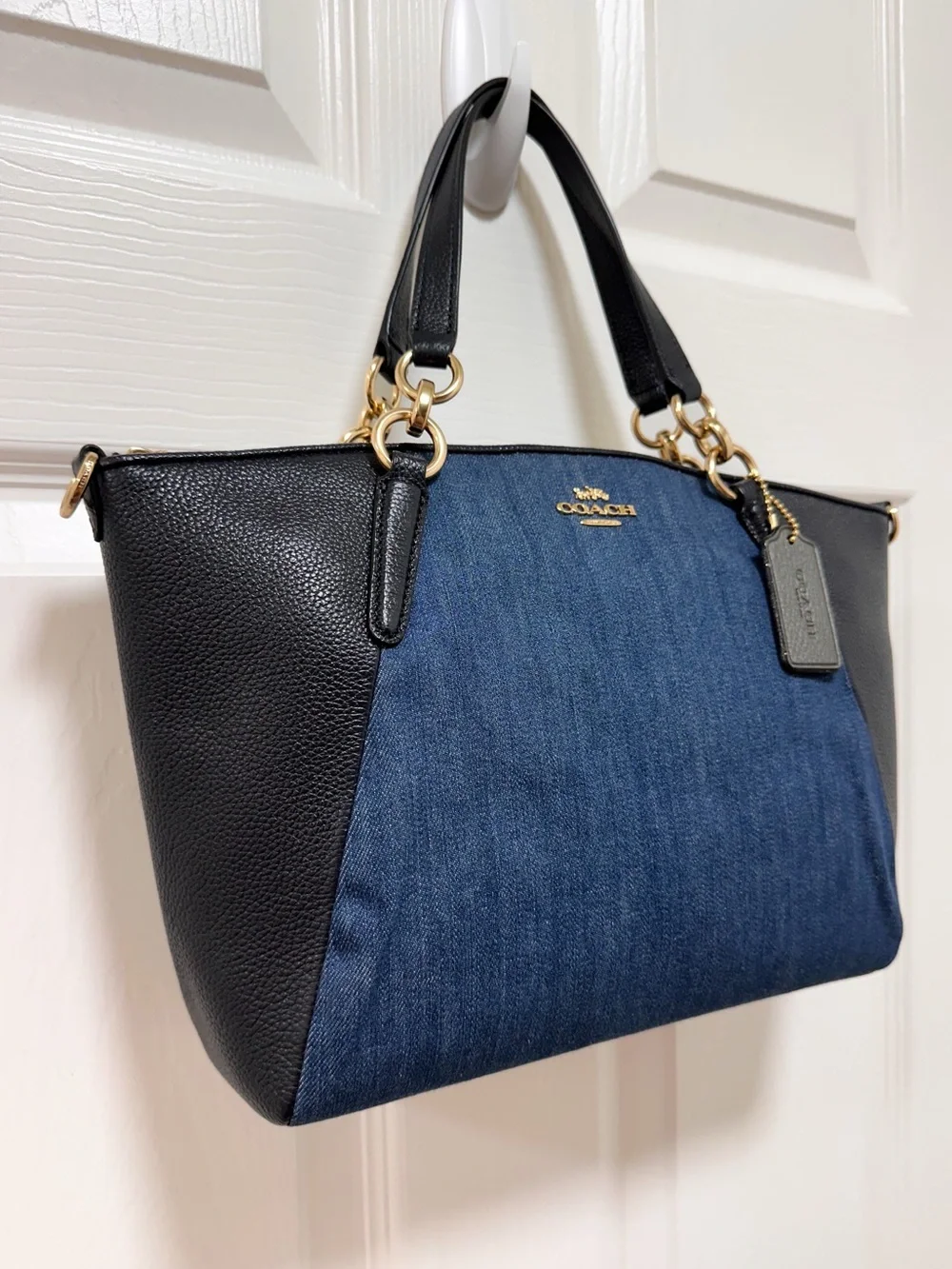 Coach Satchel Bag Kelsey‎ Denim Colorblock Black Pebbled Leather